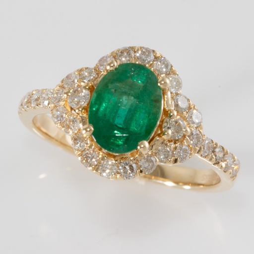 [J2022-RNG-2049] 14K Y/G 1.31ct Oval Emerald Ring with 0.57ctw Diamond Halo Accents